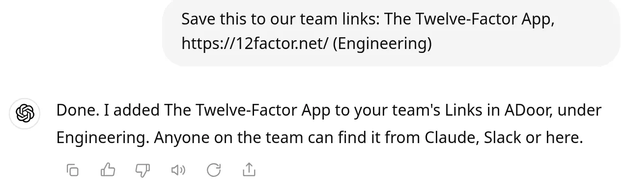 Illustration of ChatGPT. Someone asks what engineering links are in ADoor, and the reply names The Twelve-Factor App, the Model Context Protocol specification, and Designing Data-Intensive Applications.